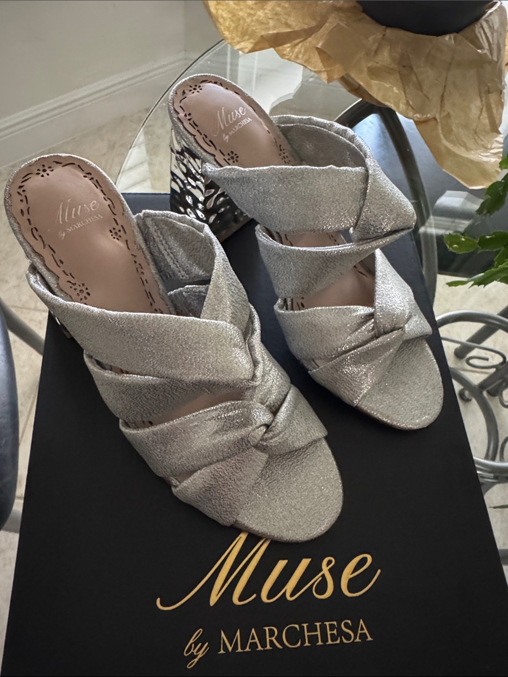 Metallic Silver Knotted Block Heel Sandals